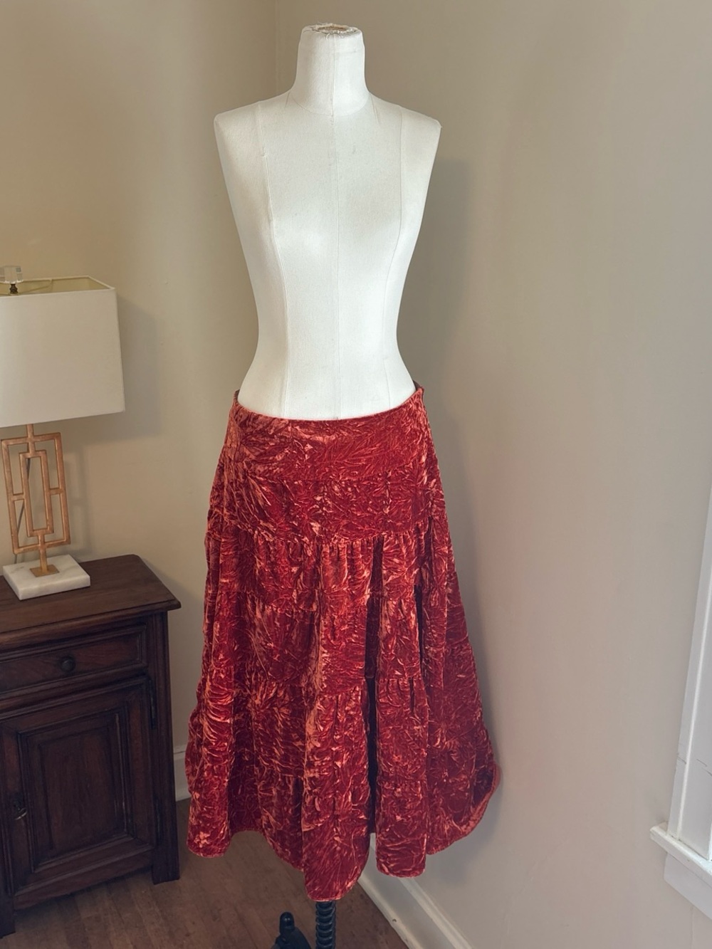 Agua Crushed Velvet Burnt Orange Maxi Skirt